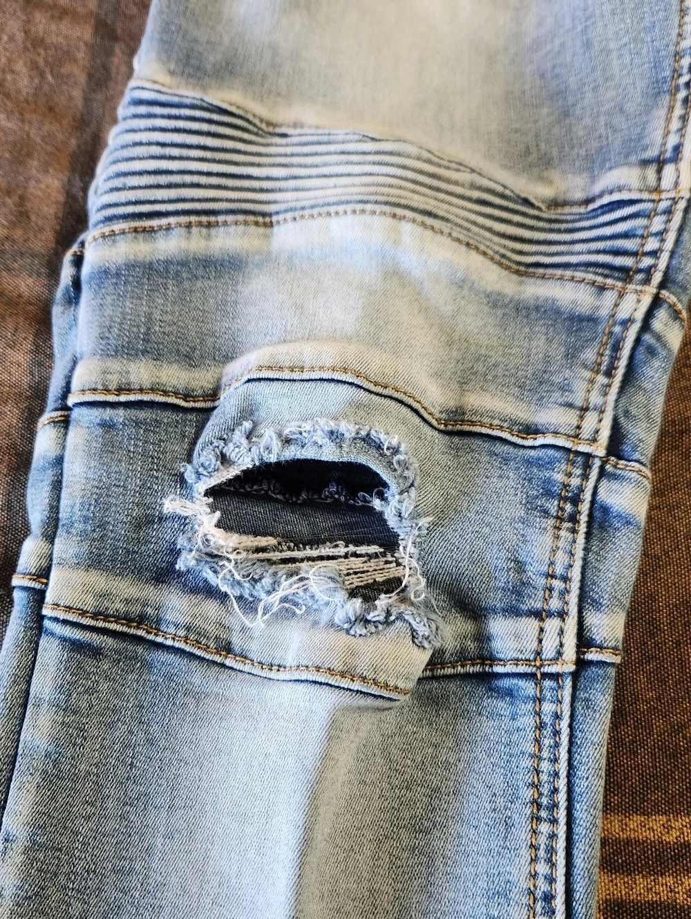 Kilogram Mens Moto Biker Jeans Light Wash Distressed Slim‎ Fit Blue Sz 34 Ribbed